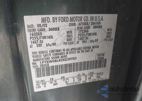 2002 Ford F-150 Lariat/Xlt из США, поврежденный, VIN 1FTRW08L82KE39703